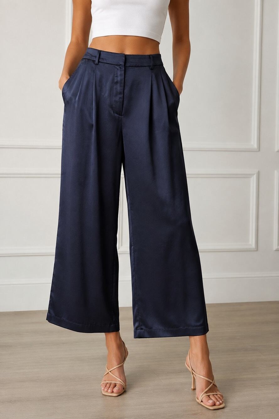 AQUA Women's Size S Navy Satin Wide-Leg Cropped Pleated Pants Business Vacation